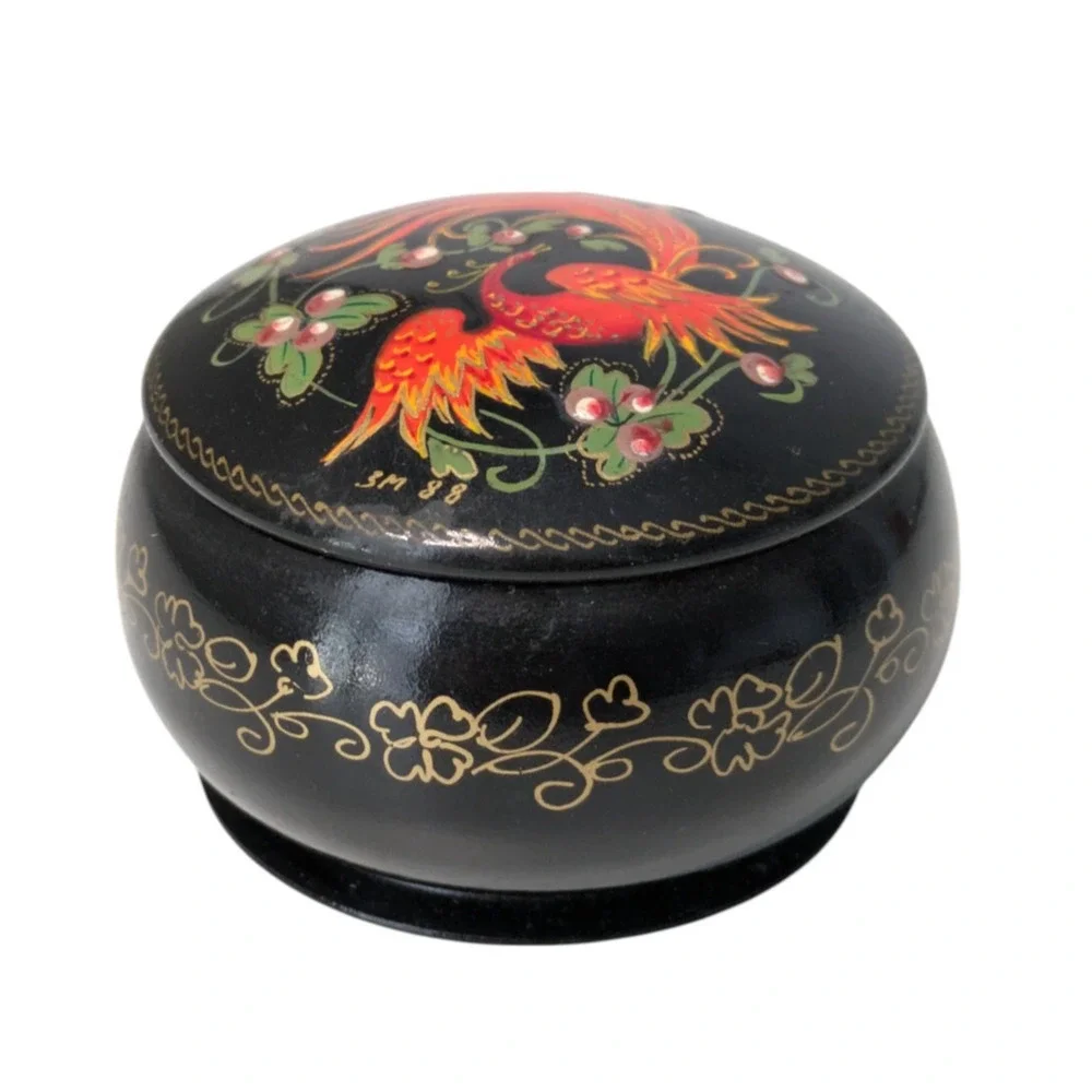 Flaming Peacock Phoenix 1988 USSR Lacquered Tin Jewelry Trinket Box Small